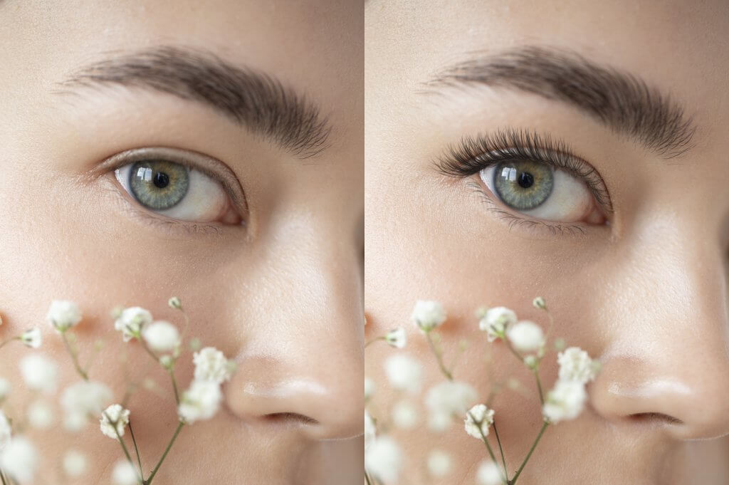 Rehaussement de cils, avant et après au son de beauté MD Esthétique à Pont l'Evêque.